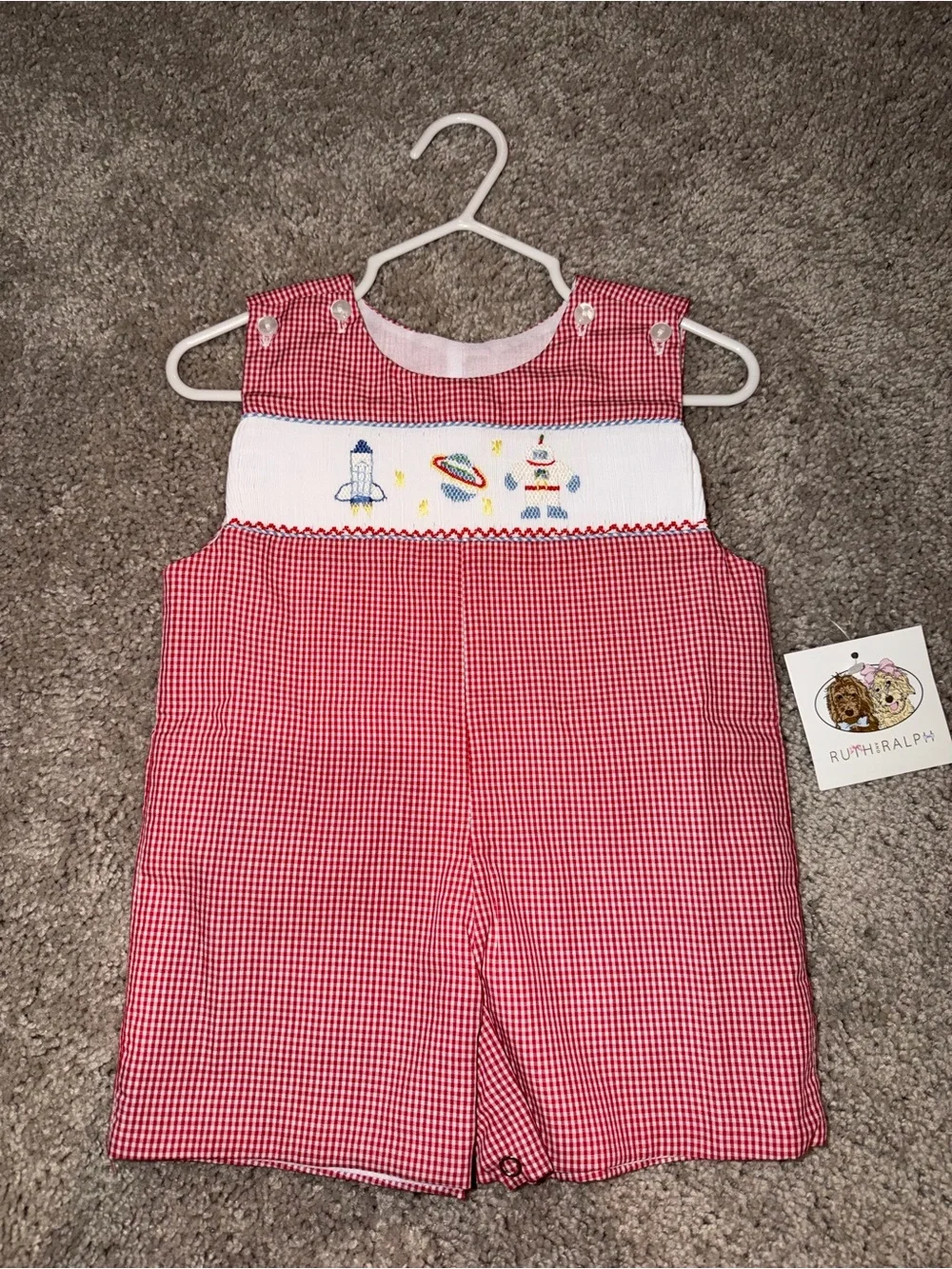 Red Gingham Smocked Space Romper by RuthRalph